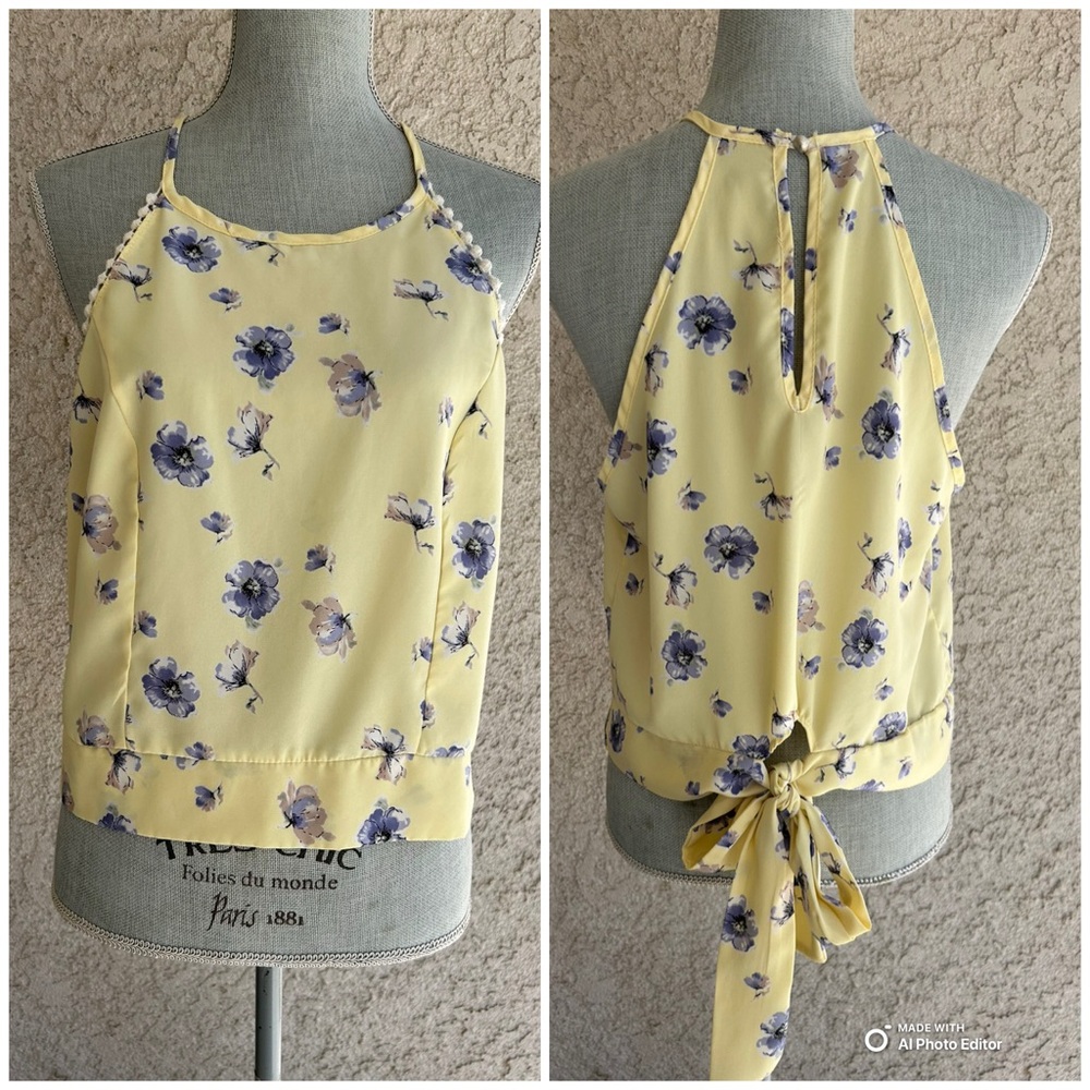 Y2K 90s Coquette Girl Yellow‎ High Neck Back Tie Tank Top Shirt - Size Large